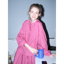 ItoshIroshI Ocean Rose Red Cotton Round Collar Solid Lantern Sleeves Day Ensemble Easy light and elegant opening shirt