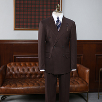 IsirHonour Italian Retro Gentleman Double Breasted Suit Set Slim Coffee Plain Suit