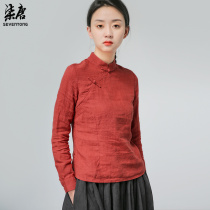 Flax China red improved Republic of China style handmade buckle small stand collar long sleeve short cheongsam jacket small man Joker