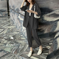 Big code small suit jacket woman thin section fat mm spring clothing career Western suit Fat younger sister Conspicuy Suit Foreign Air Two Sets