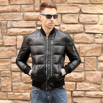 New autumn and winter Haining leather leather mens sheep leather down jacket mens short slim baseball collar leather jacket