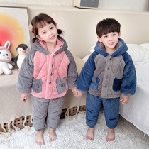 Winter thickened baby double layered cotton home wear set boys cartoon plus fleece cute flannel pajamas hood