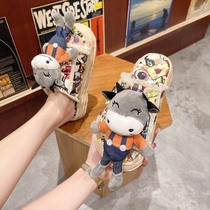 Japanese cartoon cow slippers women wear thick bottom high 2021 new summer leisure graffiti