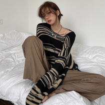 Anjiuyue sweater women loose lazy wind early autumn coat pullover round neck striped sweater thin long sleeve blouse
