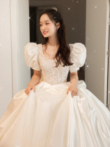 Satin wedding dress 202021 New temperament tailing bride French court style small man master go out gauze dress female