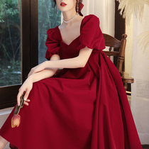 Velvet toast bride pregnant woman wine red high waist belly wedding thank-you dinner engagement dress