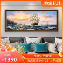 European pure hand-painted oil painting living room sofa horizontal version hanging painting sailing mural American landscape smooth decorative painting