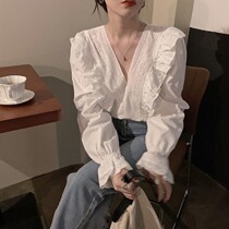 Spring 2021 new design sense French niche ruffle vneck loose white long sleeve shirt top women