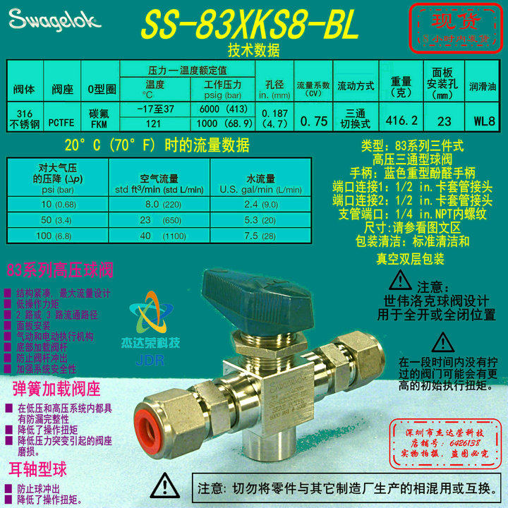 (SS-83XKS8-BL) Swagelok Swagelok High-pressure 3-way ball valve 1 2 in.card casing