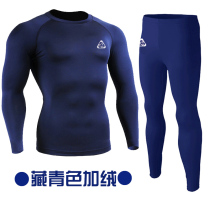 Winter Mens Fitness plus velvet warm tights set quick-drying and comfortable warm navy blue base training suit