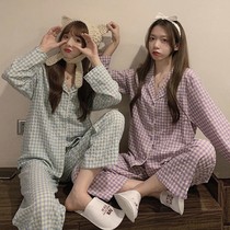 Korean plaid pajamas womens autumn and winter students cute net red ins long sleeves can be worn outside two sets of home clothes
