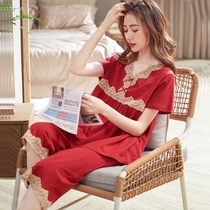 Red pajamas ladies summer cotton short sleeve Capri pants loose home clothes large size can be worn out thin suit women