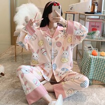 Pajamas Womens Spring and Autumn long sleeves Korean version of sweet and cute students large size winter can wear two-piece home clothes