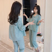 Loose Korean version of cotton silk pajamas Womens summer thin spring and autumn suit Womens cotton cotton long-sleeved home dress two-piece set
