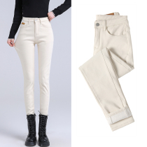 Beige jeans women plus velvet thickened autumn and winter 2021 New elastic skinny slim pants pencil long pants