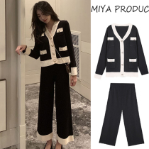 Pregnant womens suit Spring and Autumn New Fashion out Korean autumn knitted cardigan loose wide leg pants Net red two-piece set