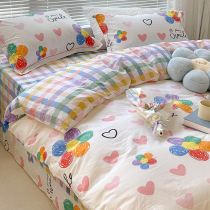 ins wind cartoon pure cotton bed with four pieces 100 full cotton bed linen children three sets bed bamboo hat girl