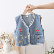 Girl Cowboy Waistcoat Slim in the ocean 2022 Spring loaded with new Korean version of female baby lace flower side vest Wear Tide