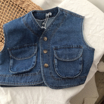 Self-staying ultra practical 100 hitch ~ 2022 Spring paragraph South Korean children denim big-bag waistcoat for men and women single row of buckle vests