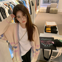 Meat finished ROUWANBABY early autumn new soft glutinous Pink Blue Love pattern sweater coat lazy wind knitted cardigan