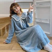 Korean autumn and winter plush nightgown women long coral velvet thick plus velvet warm ins princess style sweet pajamas