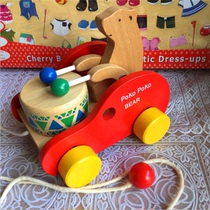 Infants and young children wooden dragging walker hand pulling rope traction toy car bear drumming baby dragging toy