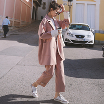 Pink small suit jacket women spring and autumn 2021 New Korean version of loose net red temperament casual suit two-piece suit