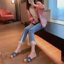Seven points jeans female summer new large size fat sister mm thin waist stitching micro-front split small feet pants