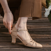 M L Monroe charm hard to block ~ round head cross One type with genuine leather hollowed-out Baotou Rome Single sandal women