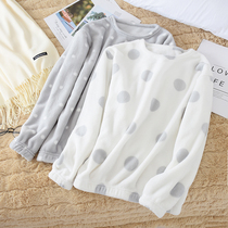 Flannel pajama tops women winter single piece thick warm round neck pullover polka dot coral velvet home jacket warm warmer