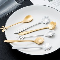 Net red children cherry blossom spoon Cute personality creative stainless steel flower short handle mixing spoon Coffee spoon Dessert spoon