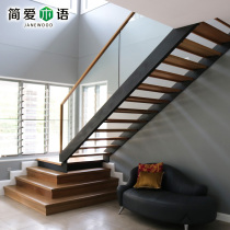 Glass guardrail double beam staircase overall custom attic indoor duplex steel wood straight ladder household leaping Villa customization