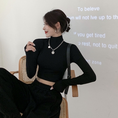taobao agent Black T-shirt, fleece short long-sleeve, autumn bra top, high collar, increased thickness, tight