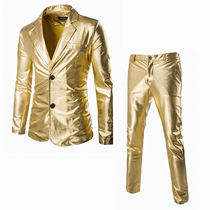 Trendy men shiny gold performance suit set Glossy plus size host wedding dress suit set nightclub thin