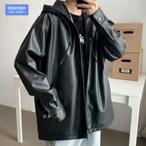 Hong Kong fashion brand hooded autumn leather mens fat plus size fat loose casual wild windbreaker trend coat
