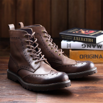 Summer leather Martin boots male British retro high mens shoes real cowhide trend short boots Brock carved boots