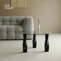 Youpan designer coffee table small apartment type Yufeng modern minimalist solid wood round glass coffee table homestay coffee table