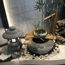  Japanese-style stone bowl Bamboo surprise deer running water Bluestone stone basin Water basin Water bowl Garden villa courtyard decoration stone carving ornaments