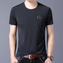  Mulberry silk short-sleeved t-shirt mens summer new round neck slim-fit thin section ice silk casual middle-aged dad silk top