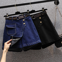 2022 Summer new big code Fat mm Korean version design tightness waist elastic denim shorty skirt pants casual A character shorts