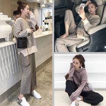Pregnant women sweater set 2021 autumn fashion striped knitted top wide leg pants spring and autumn pregnant women two-piece set