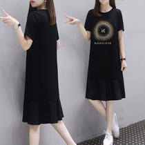Large size dress womens summer 2021 new loose meat temperament thin and fat MM casual hot diamond T-shirt skirt