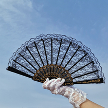 Fan folding fan lace black dance cheongsam jk Loli Lolita Chinese retro style dark portable fan
