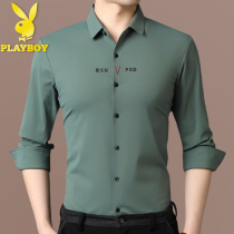  Playboy shirt Mens long-sleeved non-ironing anti-wrinkle embroidery seamless shirt autumn middle-aged high-end business inch shirt