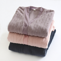 Solid color warm jacket for women and men in autumn and winter flannel coral fleece long sleeve plus velvet padded couples home clothing pajamas
