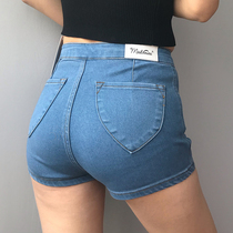 European and American style Peach Hip denim shorts high waist slim bag hip slender leg long tight elastic hip hot pants women