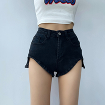 Summer long leg hot pants High waist thin tight hips stretch irregular leg length Ultra-short denim shorts for women