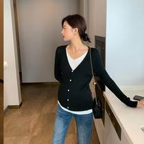 Pregnant women Autumn new fashionable V-collar fake two pieces elegant temperament color single-breasted wool long sleeve knitted cardigan