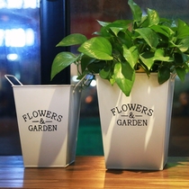 Hot sale large green flower pot retro square decoration storage iron flower pot wedding flower bucket display