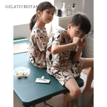 Beiyan Snoopy childrens pajamas for boys and girls short-sleeved cotton home clothes Cute thin summer childrens suit